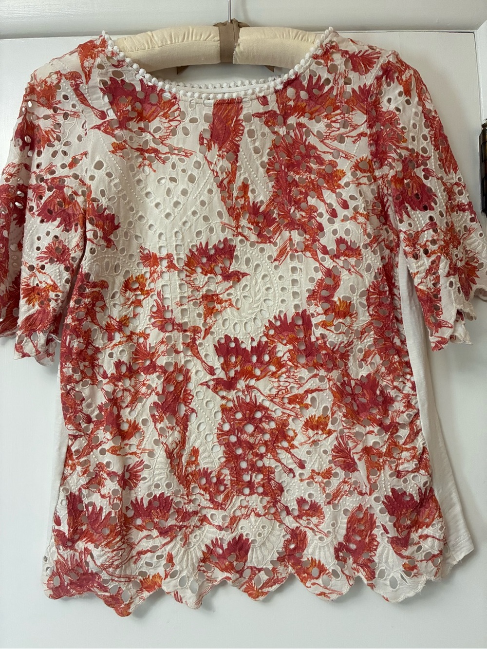 Anthropologie Porridge Eyelet Floral Lace Top Red-Orange Print